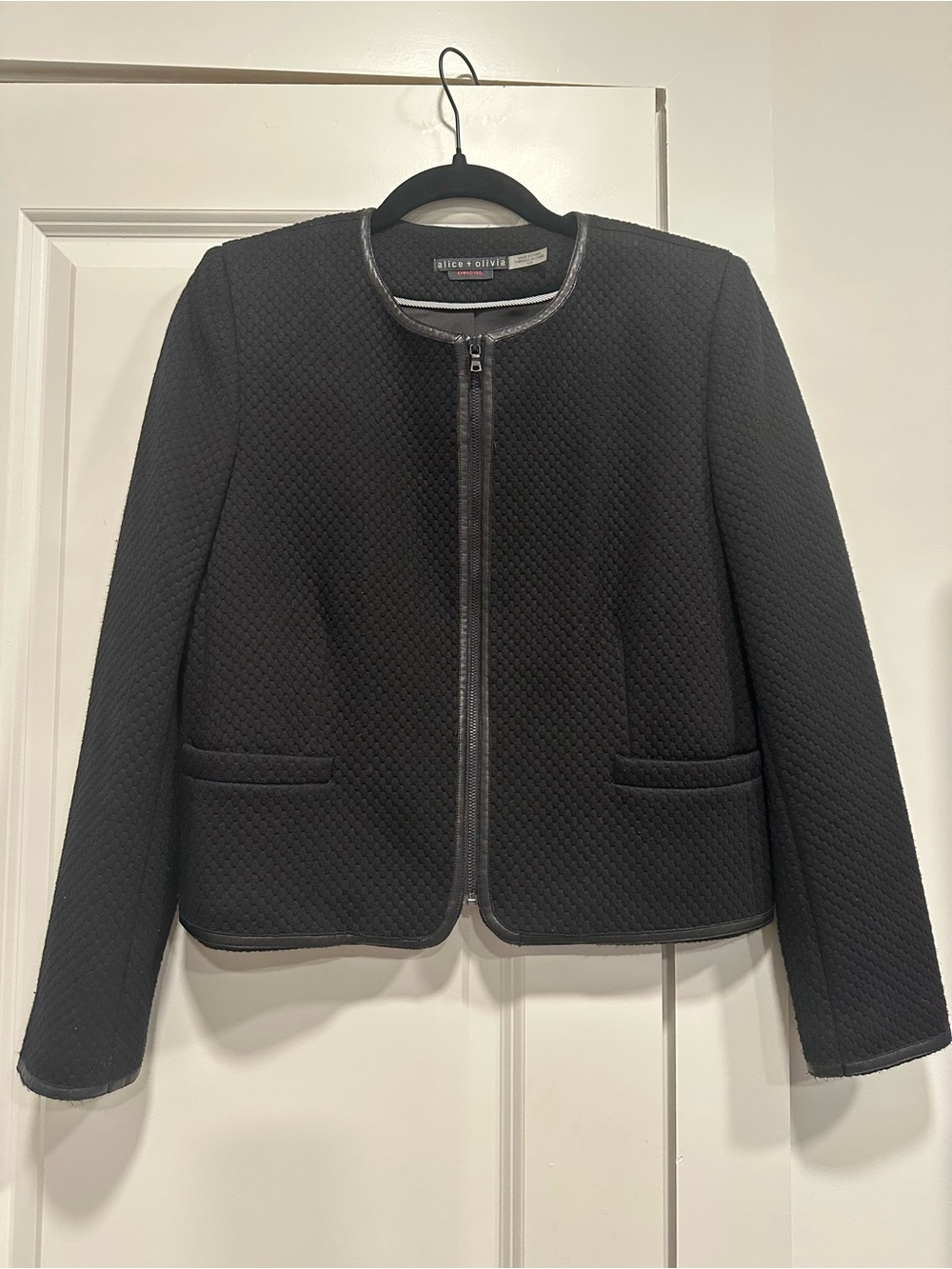 Alice + Olivia Black Textured Zip Front Jacket Lamb Leather Trim Size M